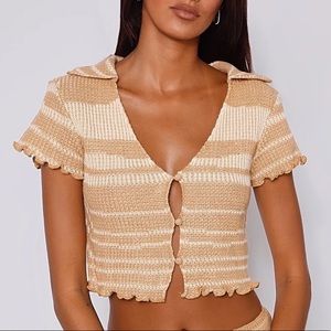 Tiger Mist Nude and White Crochet Knit Top with Front Cutouts